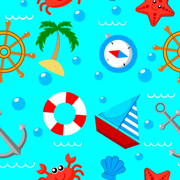 원활한 패턴 해상 아이콘 만화 style_ - 게임 드라이브 야생동물 관찰 stock illustrations