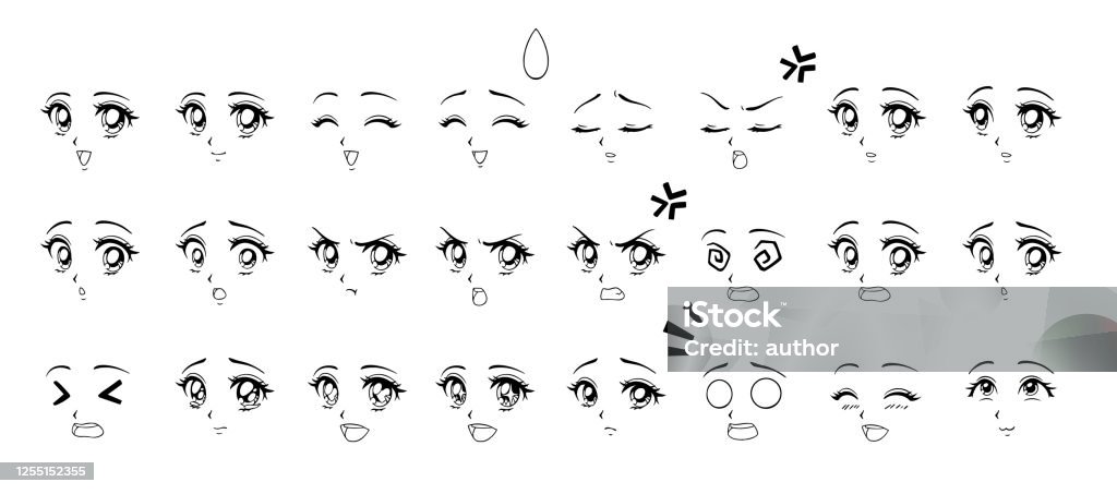 Set Of Cartoon Anime Style Expressions Different Eyes Mouth Eyebrows  Contour Picture For Manga Hand Drawn Vector Illustration Isolated On White  Background Stock Illustration - Download Image Now - iStock