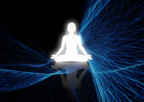 3D illustration of a woman meditating in yoga