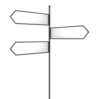 Crossroad signpost with three multidirectional white blank arrows. Vector mockup