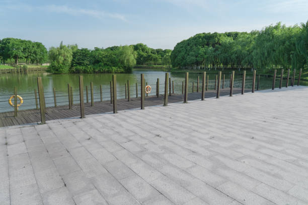 istock The brick walkway ground by a lake. 1255156691