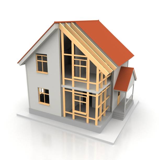 istock House 3d rendering illustration with open interior on top. Blueprints, documents, crane and mortgage calculations. 1255157723