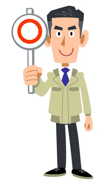 Vector illustration of A man in work clothes holding a tag with a circle drawn on it
