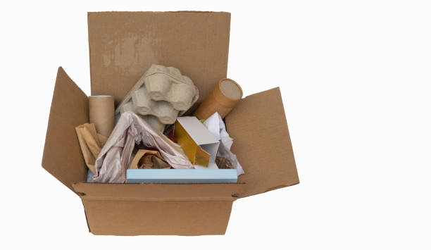 istock Sorting waste home. Cardboard, paper in cardboard box on white background. Ecology, separate garbage collection, the concept of pollution. Eco-friendly single-use packaging, waste recycling concept 1255164775