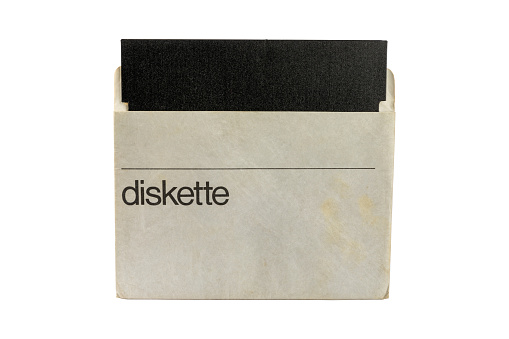 Old retro floppy with case disks 5.25 on a white background, retro style
