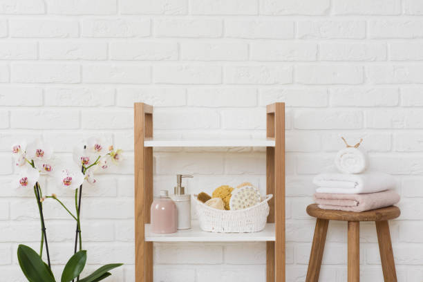 istock Shelving unit with spa products and copy space in center 1255169174