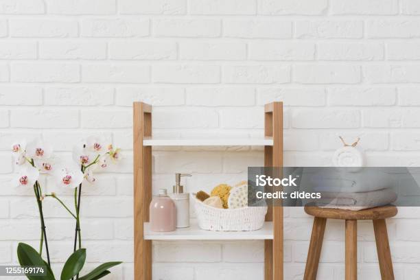 Shelving Unit With Spa Products And Copy Space In Center Stock Photo - Download Image Now