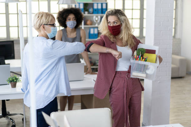 Safety greeting manager and employee after firing Manager and employee with protective face masks in office touching elbows after firing office cubicle mask stock pictures, royalty-free photos & images