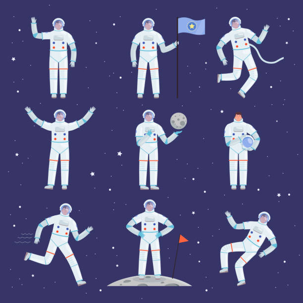 ilustrações de stock, clip art, desenhos animados e ícones de astronauts characters. spaceman people in action poses overall professional clothes suit vector cosmonaut - astronaut space zero gravity spacewalk