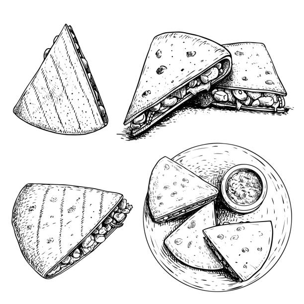 Hand drawn sketch style quesadillas set. Traditional mexican fast food. Single, group and top view on plate with sauce. Vector illustrations. Hand drawn sketch style quesadillas set. Traditional mexican fast food. Single, group and top view on plate with sauce. Vector illustrations. guacamole restaurant mexican cuisine avocado stock illustrations