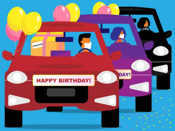 Vector illustration of Happy Birthday car parade