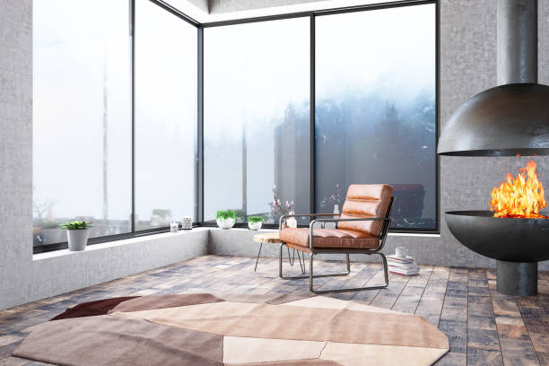istock Armchair with Windows and Fireplace 1255172245