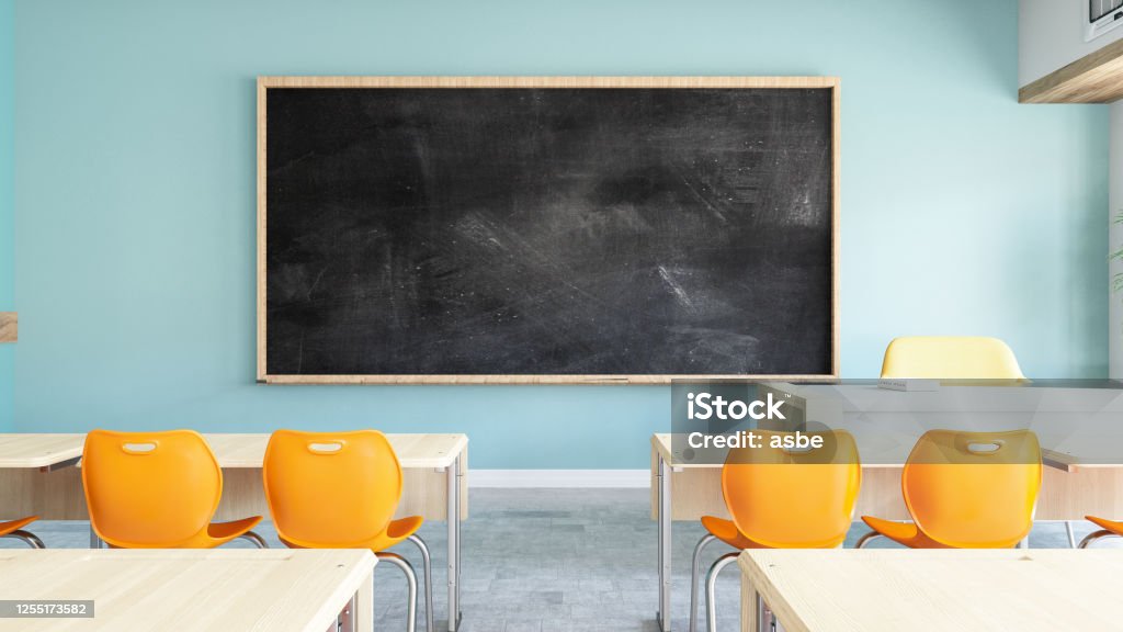 Empty Black Board in Classroom Empty Black Board in ClassRoom. 3d Render Classroom Stock Photo