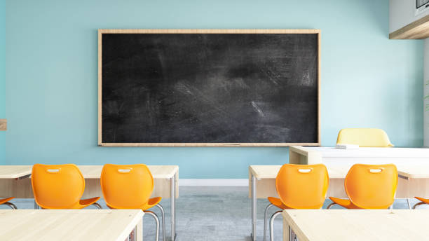 Empty Black Board in Classroom Empty Black Board in ClassRoom. 3d Render classroom stock pictures, royalty-free photos & images