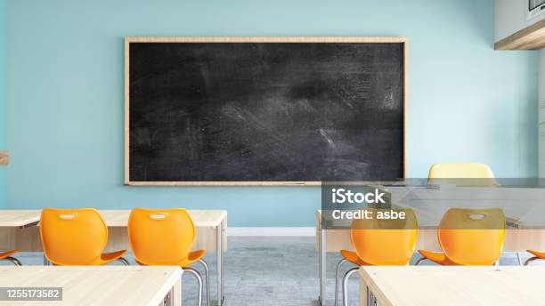 Empty Black Board In Classroom Stock Photo - Download Image Now - Classroom, Chalkboard - Visual Aid, School Building