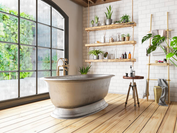 loft baño - diseño de baños con plantas fotografías e imágenes de stock
