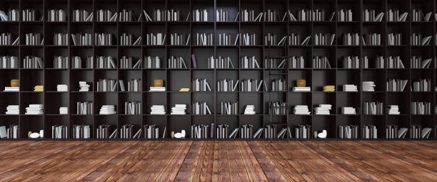 istock Black Bookshelves in the Library Panorama 1255173907