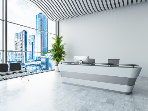 Front View of Reception Desk with CityScape. 3d Render