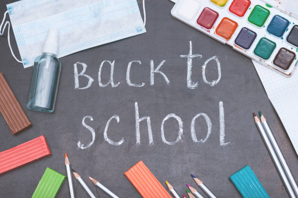 istock School supplies on black board. Back to school after quarantine concept. 1255175672