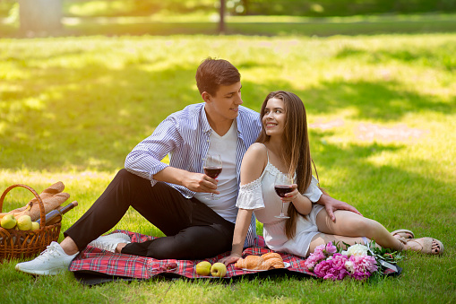 Affectionate young couple celebrating anniversary with wine on picnic at park