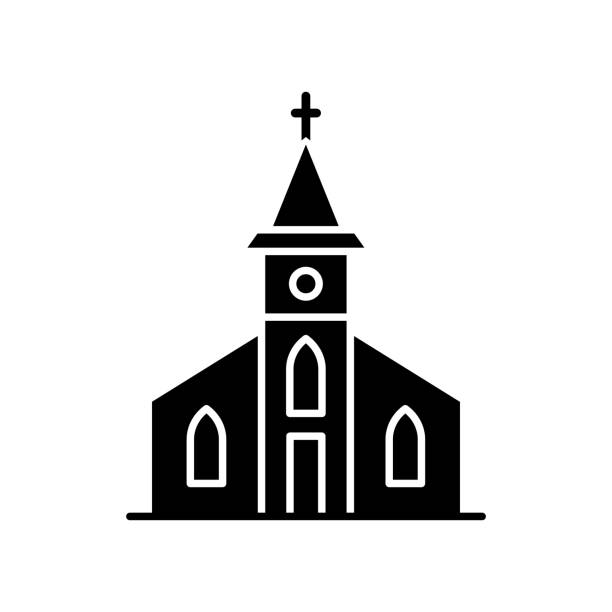 Catholic church black glyph icon Catholic church black glyph icon. Religious establishment with cross on roof. Christian town chapel. Gospel for congregation. Silhouette symbol on white space. Vector isolated illustration religious icon illustrations stock illustrations