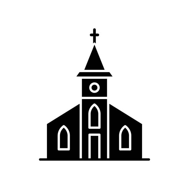 Catholic church black glyph icon Catholic church black glyph icon. Religious establishment with cross on roof. Christian town chapel. Gospel for congregation. Silhouette symbol on white space. Vector isolated illustration black gospel church stock illustrations