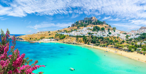istock Landscape with beach and castle at Lindos village 1255177219