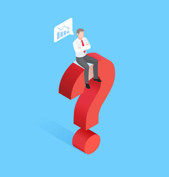 Business problem concept. Businessman is sitting on the question mark sign. Vector illustrations isometric. Business problem concept. Businessman is sitting on the question mark sign. Vector illustrations isometric. isometric question mark stock illustrations