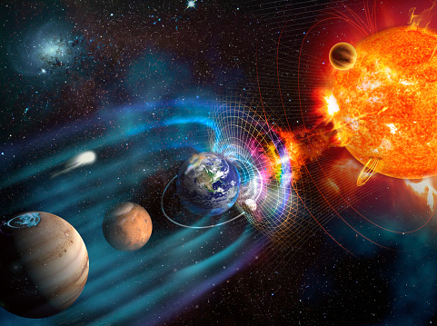 Líneas magnéticas de fuerza que rodean la Tierra conocidas como magnetosfera contra el viento solar del Sol. Elementos de esta imagen proporcionada por la NASA. photo