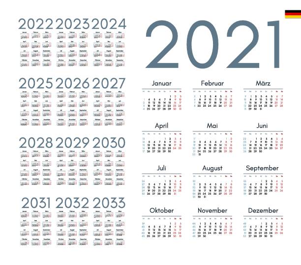 German_vertical_number_2021 German Calendar for 2021-2033. Week starts on Monday 2026 2021 stock illustrations