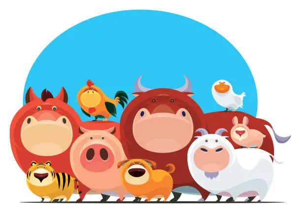 Vector illustration of group of domestic animals gathering
