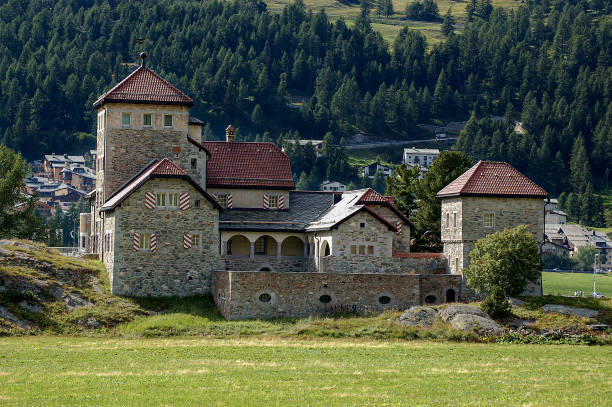 ancient castle crap da sass - silvaplana village in switzerland - castle engadine alps lake water imagens e fotografias de stock