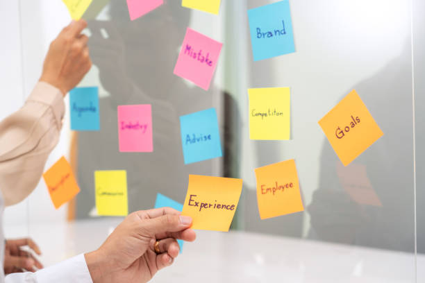 istock business people planning startup project placing sticky notes session to share idea on glass wall, Strategy Analysis Office Concept 1255183097