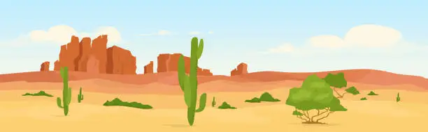 Vector illustration of Western dry desert at day time flat color vector illustration