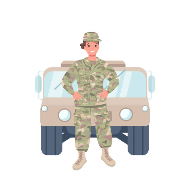 illustrazioni stock, clip art, cartoni animati e icone di tendenza di donna soldato colore piatto vettore carattere dettagliato - uniforme militare