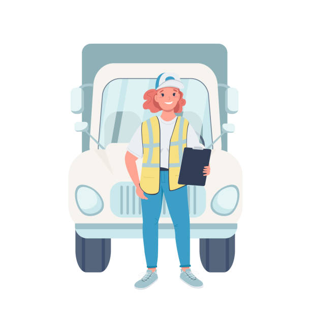 Woman truck driver flat color vector detailed character Woman truck driver flat color vector detailed character. Gender equality at workplace. Cheerful female trucker with vehicle isolated cartoon illustration for web graphic design and animation truck driver stock illustrations