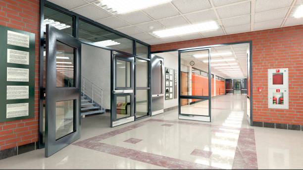 School hall and corridor interior. 3d illustration