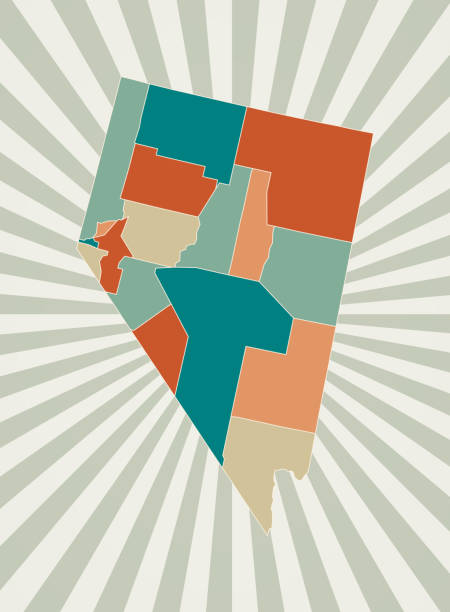 Nevada map. Poster with map of the us state in retro color palette. Shape of Nevada with sunburst rays background. Vector illustration.