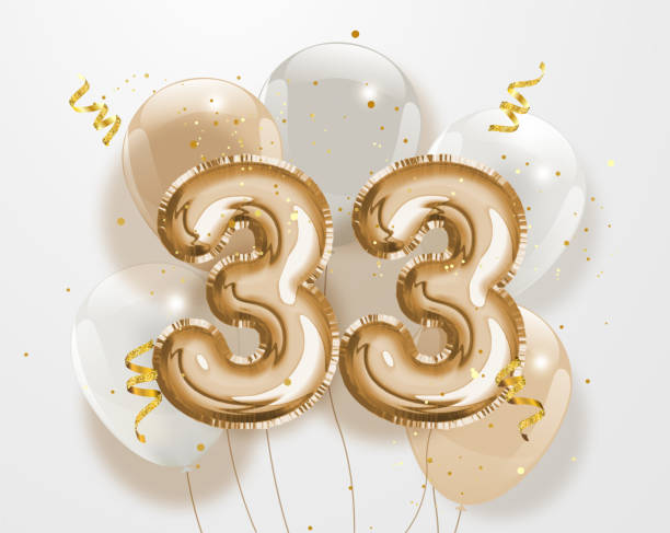 Happy 33th birthday gold foil balloon greeting background. Happy 33th birthday gold foil balloon greeting background. 33 years anniversary logo template- 33th celebrating with confetti. Vector stock. number 33 stock illustrations