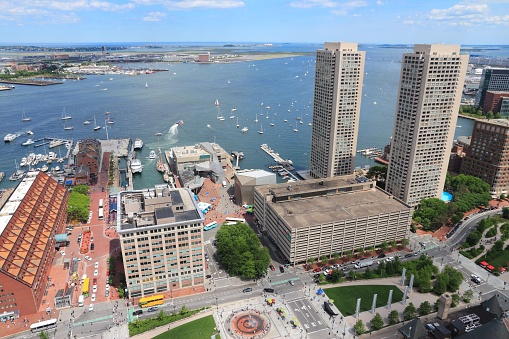 Boston city. Urban aerial view with Long Wharf and East Boston.