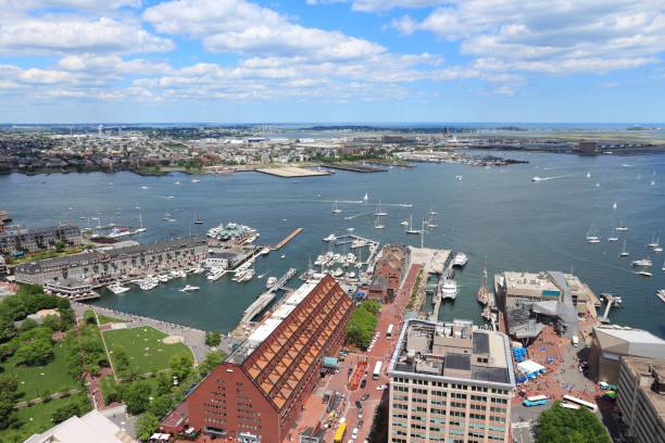Long Wharf, Boston Boston city. Urban aerial view with Long Wharf and East Boston. east boston stock pictures, royalty-free photos & images
