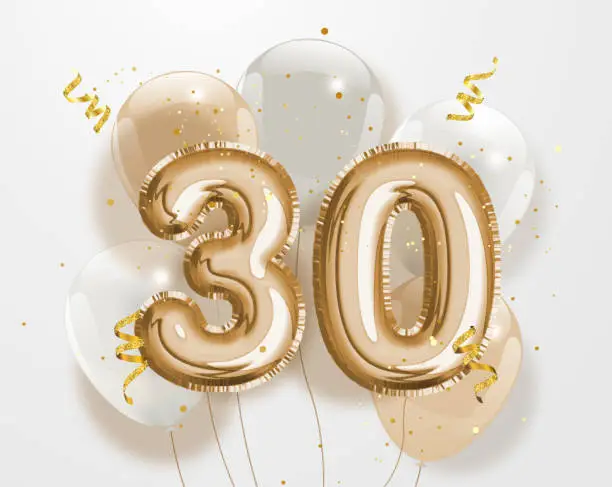 Vector illustration of Happy 30th birthday gold foil balloon greeting background.