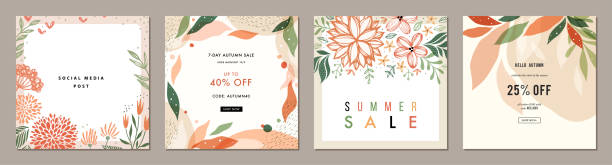 Universal Square Templates_05 Trendy abstract square art templates with floral and geometric elements. Suitable for social media posts, banners design and web/internet ads. summer beauty stock illustrations