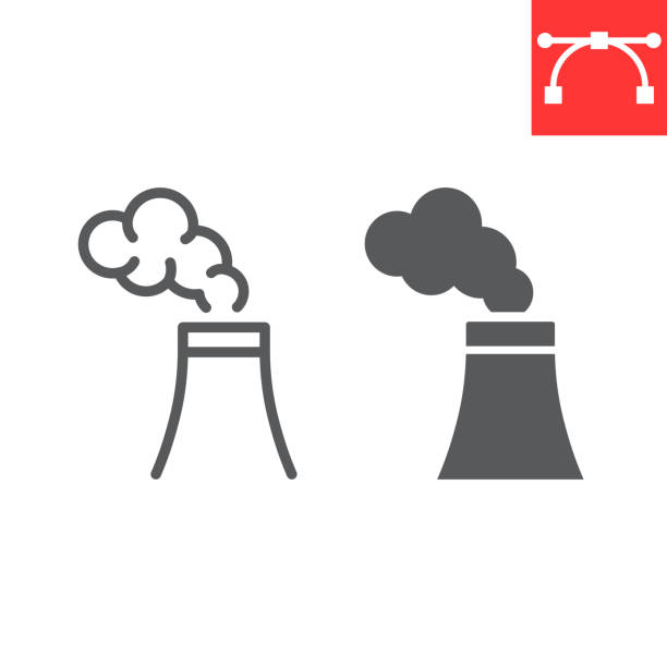 대기 오염 라인 및 글리프 아이콘, 공장 오염 및 생태, 원자력 사인 벡터 그래픽, 편집 가능한 스트로크 선형 아이콘, eps 10. - natural chimneys stock illustrations
