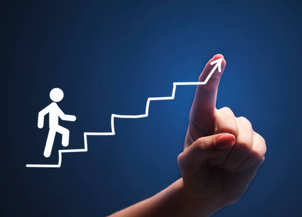 istock Hand Setting Goal Drawing Steps For Stickman, Blue Background, Collage 1255191115