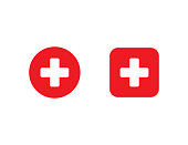 istock Red medical cross in circle and square. First aid sign. Hospital emblem. Emergency button. White plus icon in flat design. Isolated cross symbol. Pharmacy health care. Vector EPS 10. 1255191423