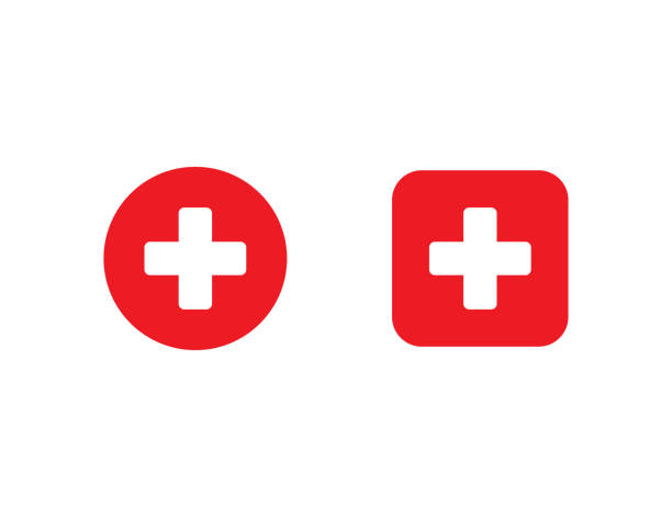 Red medical cross in circle and square. First aid sign. Hospital emblem. Emergency button. White plus icon in flat design. Isolated cross symbol. Pharmacy health care. Vector EPS 10. Red medical cross in circle and square. First aid sign. Hospital emblem. Emergency button. White plus icon in flat design. Isolated cross symbol. Pharmacy health care. Vector EPS 10 first aid stock illustrations