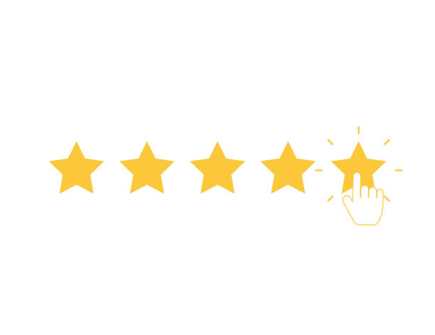 Five yellow stars with clicking hand. Quality rank set. Best choice illustration. Hand touching last star. Rating sign. Feedback and review set with simple stars shape. Vector EPS 10. Five yellow stars with clicking hand. Quality rank set. Best choice illustration. Hand touching last star. Rating sign. Feedback and review set with simple stars shape. Vector EPS 10 five objects stock illustrations