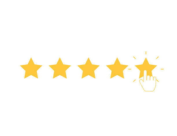 Five yellow stars with clicking hand. Quality rank set. Best choice illustration. Hand touching last star. Rating sign. Feedback and review set with simple stars shape. Vector EPS 10. Five yellow stars with clicking hand. Quality rank set. Best choice illustration. Hand touching last star. Rating sign. Feedback and review set with simple stars shape. Vector EPS 10 last stock illustrations