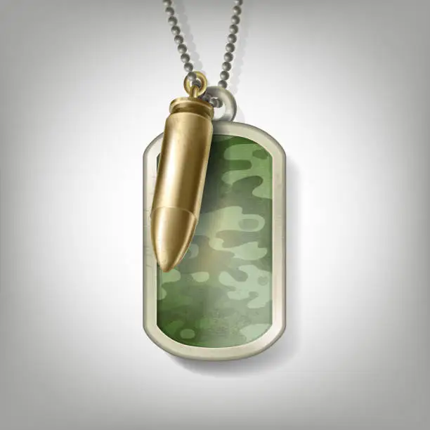 Vector illustration of Soldier camouflage metal tag with bullet on chain